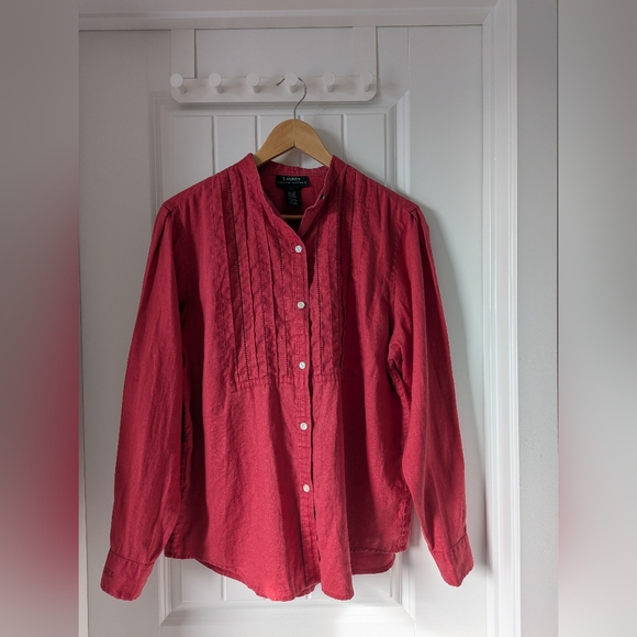 Ralph Lauren Tops - Ralph Lauren Red Linen Button-Front Pintuck Blouse Size Large